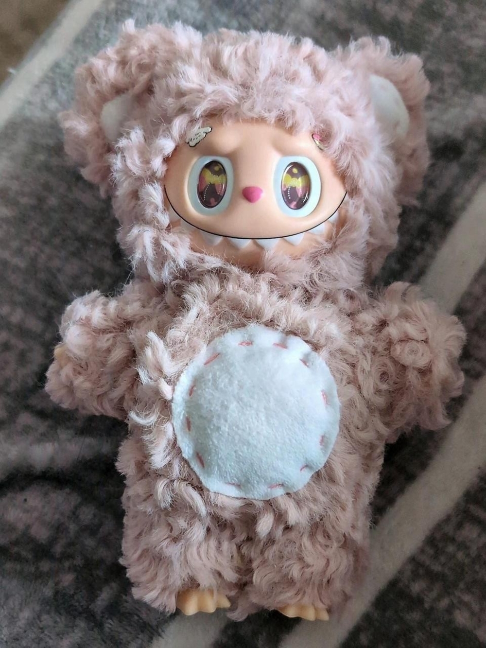 Custom Handmade Plush Pink Curly Furry Labubu Bear Doll with White Belly